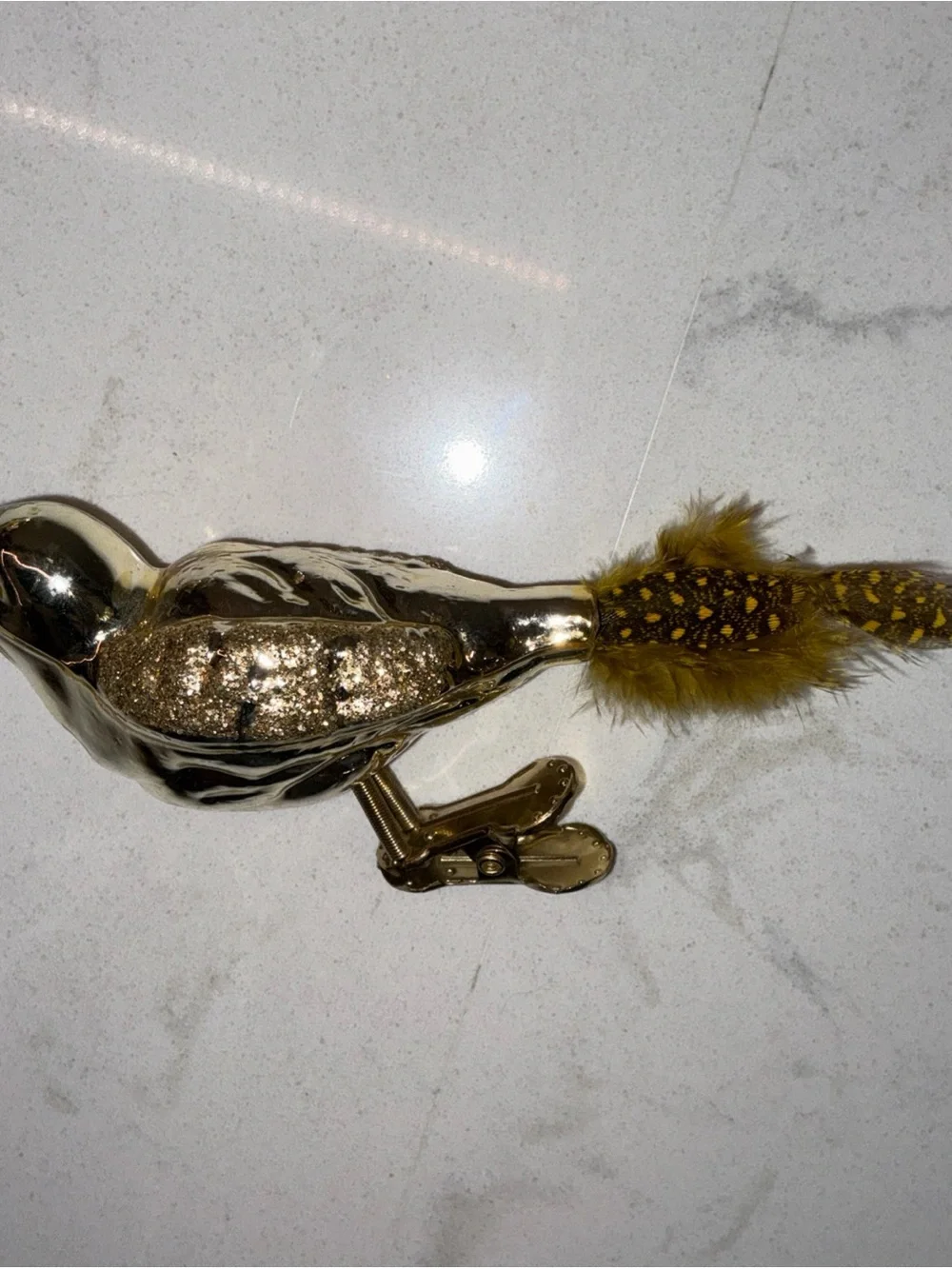 Gold color bird glass clip on Christmas ornament lot of 2 polka dot feathers